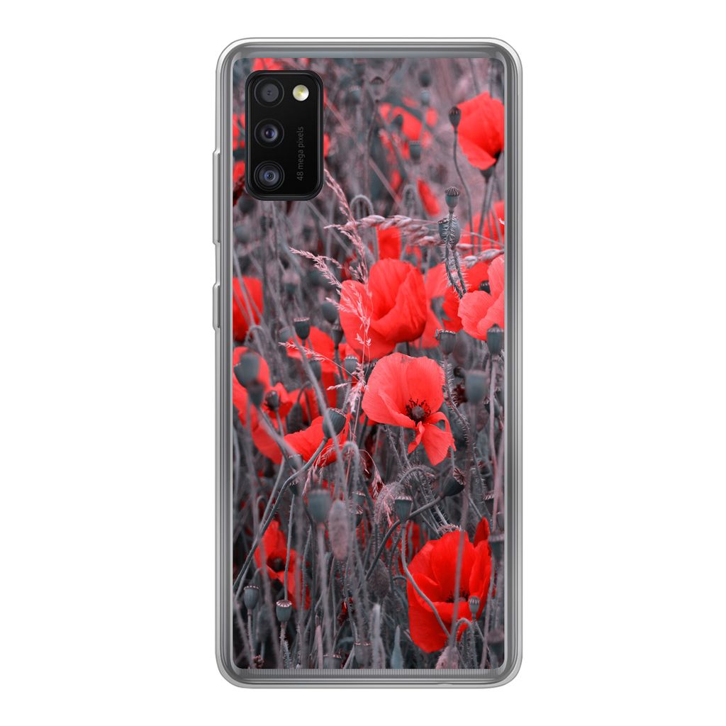 MuchoWow Handyhülle Schutzhülle Hülle für Samsung Galaxy A41 Rote Mohnblumen in einem Schwarz-Weiß-Bild Silikon Softcase Handy Hülle - Mobi...
