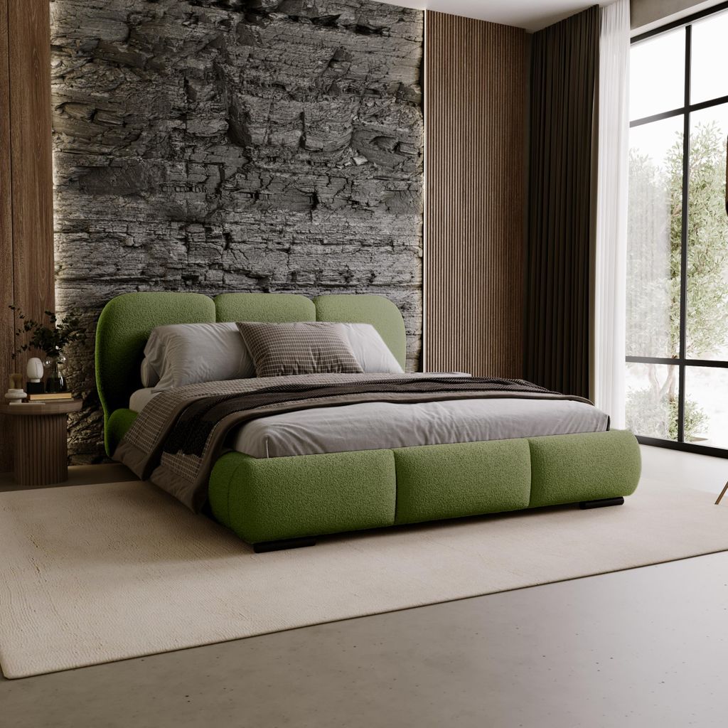 Chilly Modern Polsterbett Savona Grün 180×200 – Bouclé Stoff, mit Stauraum & Lattenrost Metallrahmen