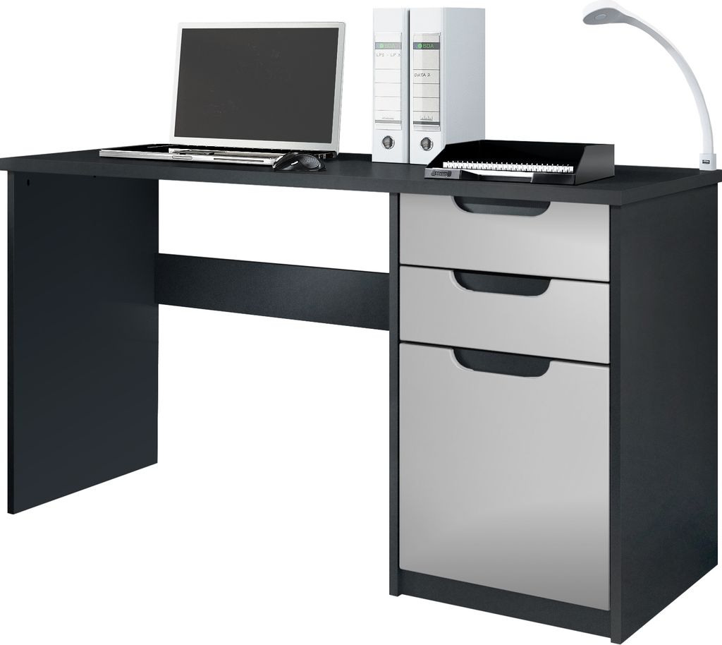 Vladon Schreibtisch Logan, Germany, Bürotisch mit 2 Schubladen und 1 Tür, Schwarz matt/Hellgrau Seidenmatt (129 x 76 x 60 cm)