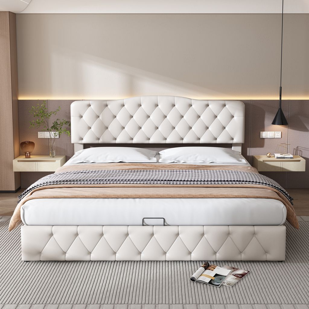 okwish Polsterbett, 180 x 200 cm Jugendbett,Doppelbett mit Hydraulikfunktion,höhenverstellbares Kopfteil,mit Matratze,Weiß