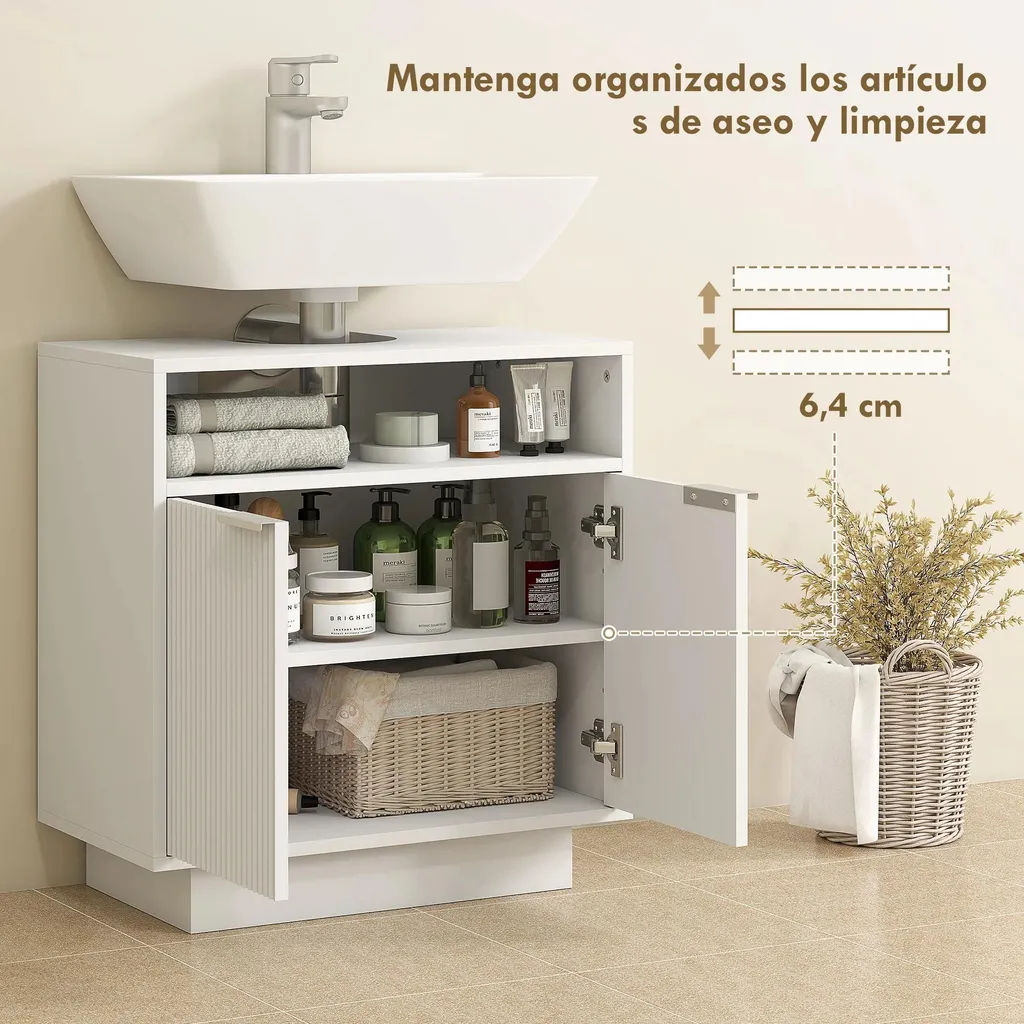 Meuble vasque à portes striées blanches avec compartiment de rangement