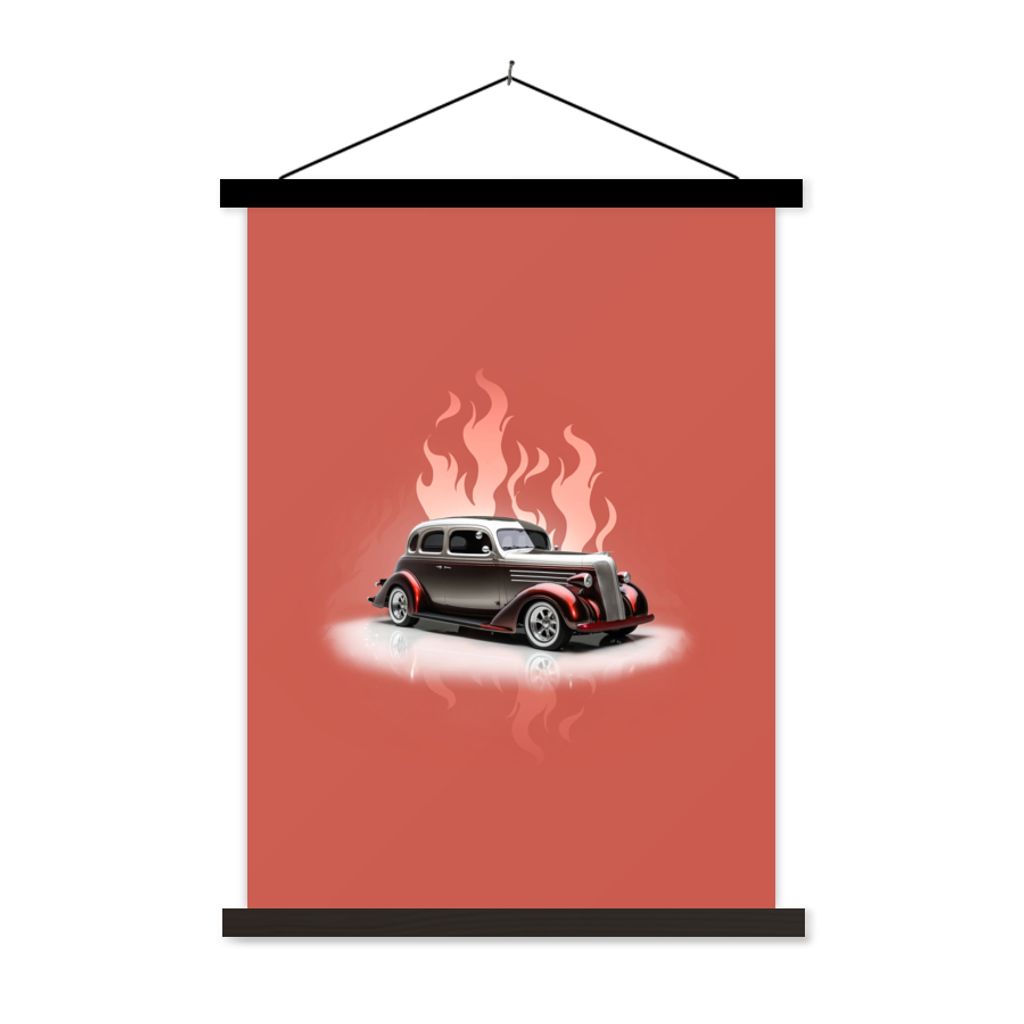 MuchoWow Textilposter Auto - Rosa - Vintage - Flammen 60x80 cm mit schwarzem Rahmen - Plakathalter