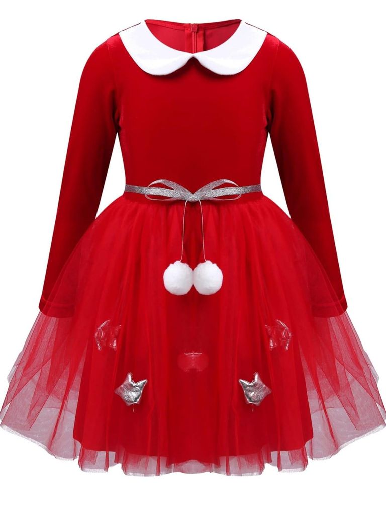Mädchen Weihnachtskleid Gr. 122-128 Festliches Partykleid Langarmig Prinzessin Kleid Tüll Kleid Weihnachten Kostüm Tanzkleid