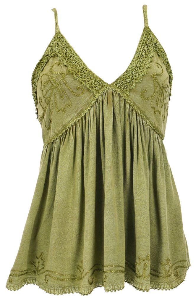 Besticktes Top Boho Chic, Lockeres Sommertop - Olivgrün, Damen, Viskose, Tops & T-Shirts
