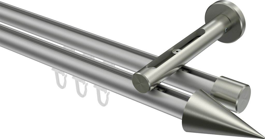 Interdeco Innenlaufstange / Gardinenstange mit Innenlauf Silbergrau / Edelstahl-Optik, Typ Siteno Savio (Kegel), 20 mm Ø 2-läufig, 240 cm