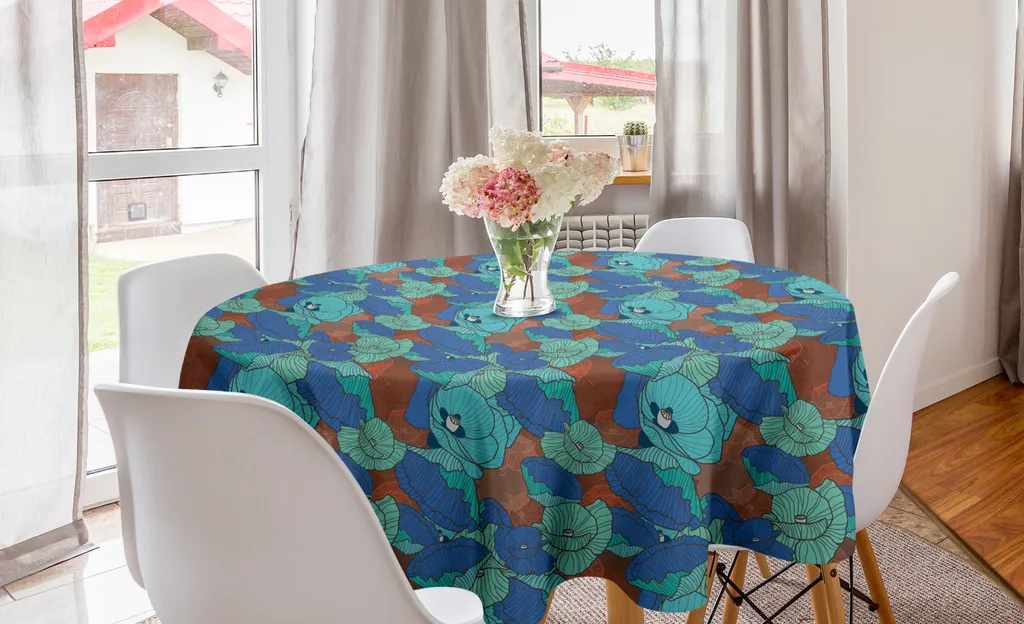 ABAKUHAUS Tovaglia rotonda con motivi floreali, natura nell'arte e papaveri, tovaglia circolare per sala da pranzo, decorazione per cucina, 150 cm, blu mare e turchese