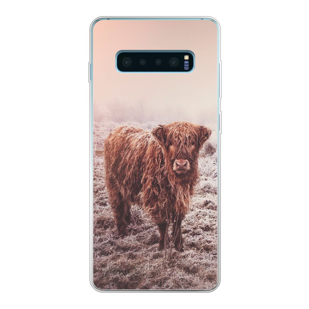 MuchoWow Handyhülle Schutzhülle Hülle für Samsung Galaxy S10 Plus Schottische Highlander - Schnee - Sonne Silikon Softcase Handy Hülle - Sch...