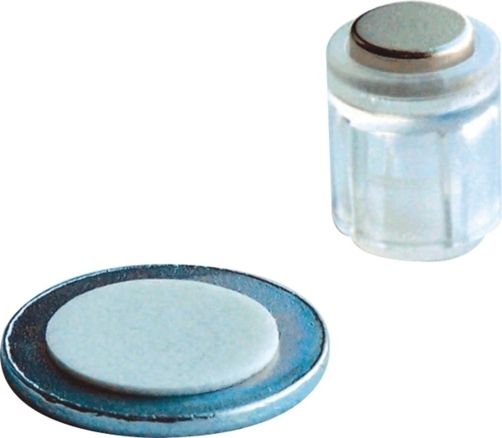 Magnet Zylinder 14x9mm mit selbstklebender Metallscheibe bis 1900g VE=4 Stück kristall