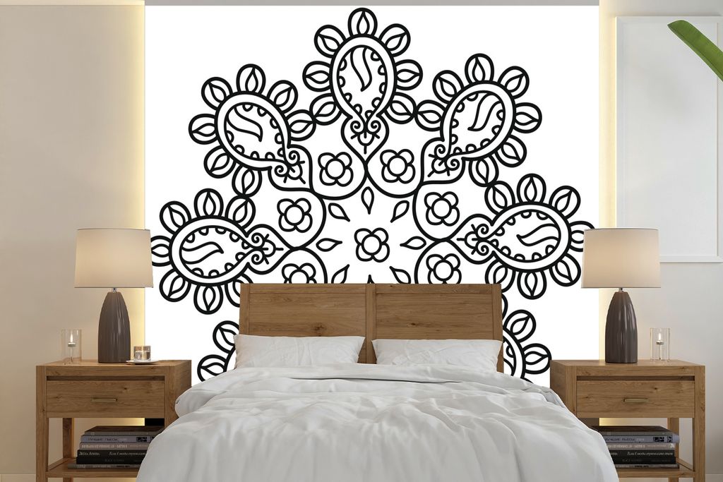MuchoWow Fototapete für Wohnzimmer oder Schlafzimmer Wandtapete Vinyl Motivtapete Mandala mit Blumenformen - 280x280 cm - Hintergrundbild