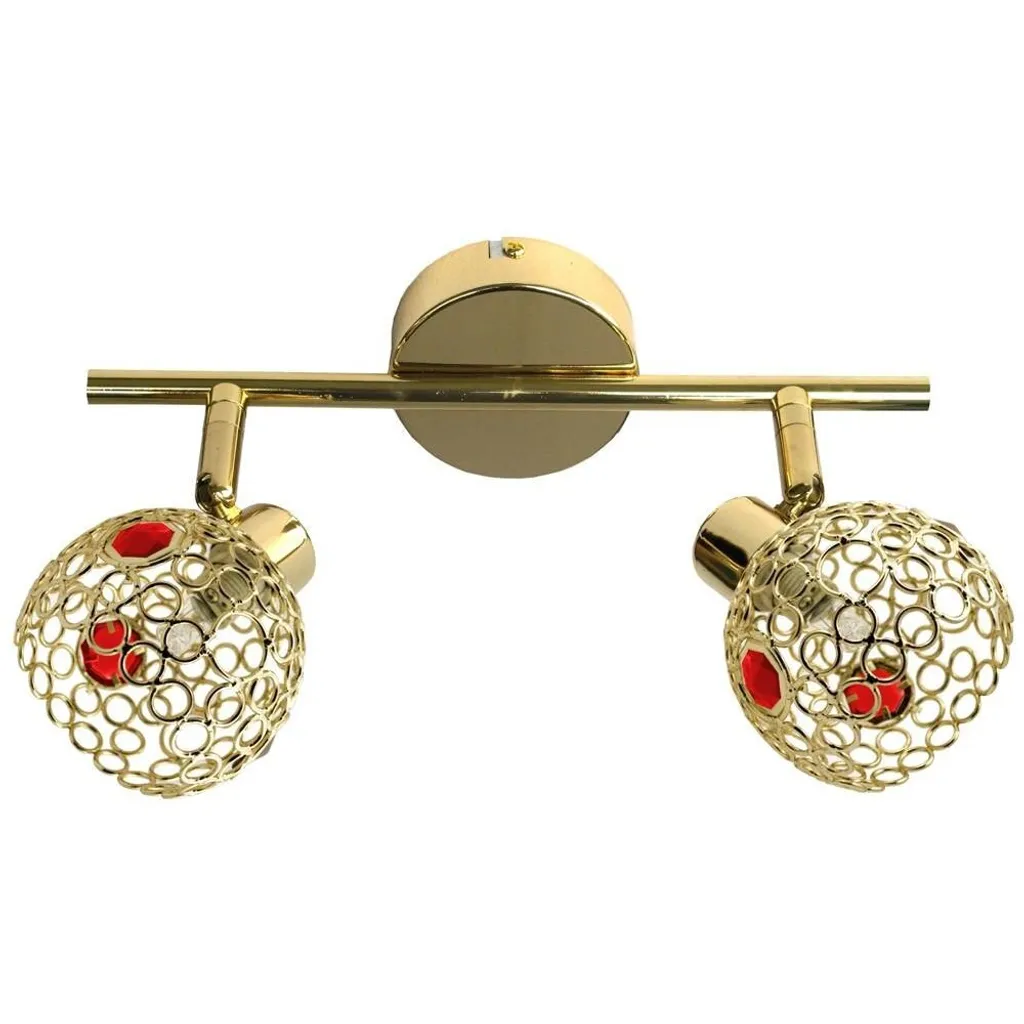 Plafonnier Aron Candellux à Cristaux Rouges, Laiton et Or, 2xG9x40W