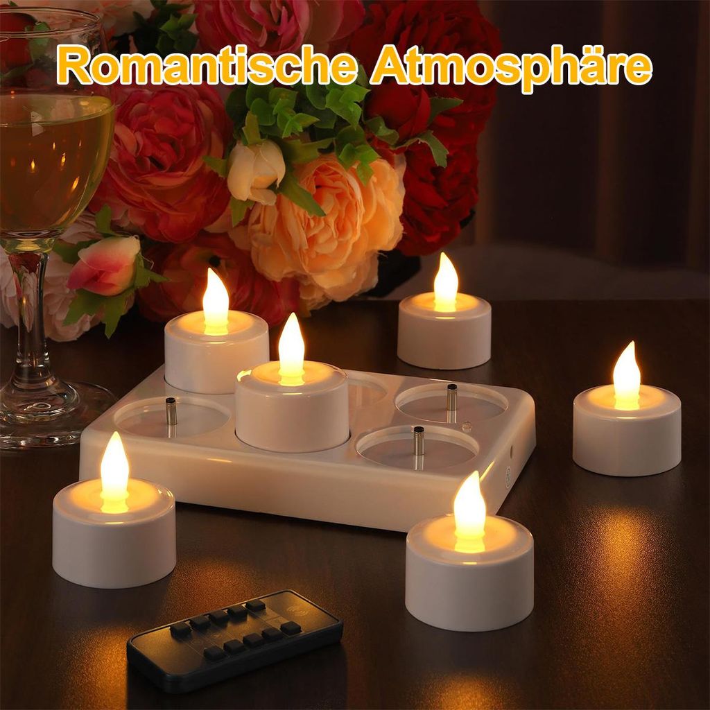 LED Teelichter Mit Timer & Fernbedienung – 6 Stück, Wiederaufladbar, Warmgelb, 42-80h Laufzeit, Flackernde Flamme, IP44 – Für Weihnachten, Hochzeit, Deko