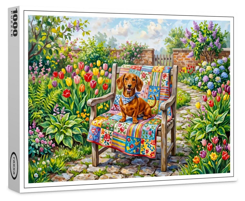 raxxa Premium-Puzzle "Dachshund Sitting on Patchwork Garden Chair Among Tulips", 1000 Teile