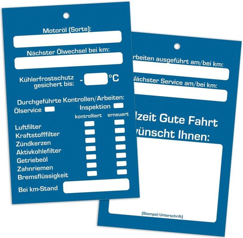 Kundendienst-Motorraumschild, inklusive Bindedraht, mit Stempelfeld, 65 x 100 mm, Blau, Verpackungseinheit: 1 P/100