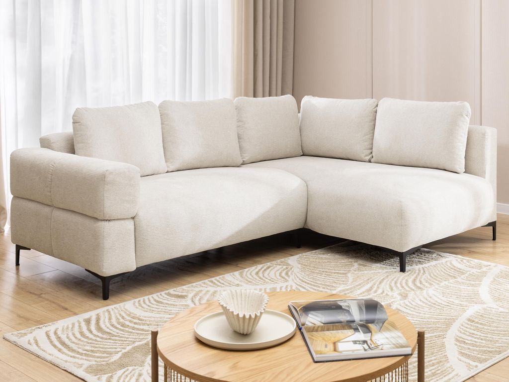 Cardea - Modernes Ecksofa in Bubble-Optik aus weichem Creme Strukturstoff mit hohem Sitzkomfort, Ottomane rechts