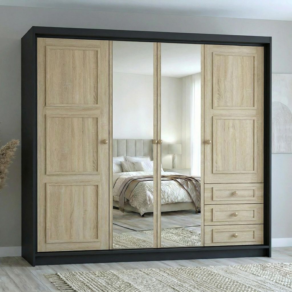 Geräumiger viertüriger Kleiderschrank OSLO mit Schubladen und Metallgriffen – modernes Design Farbe: Schwarz , Sonoma