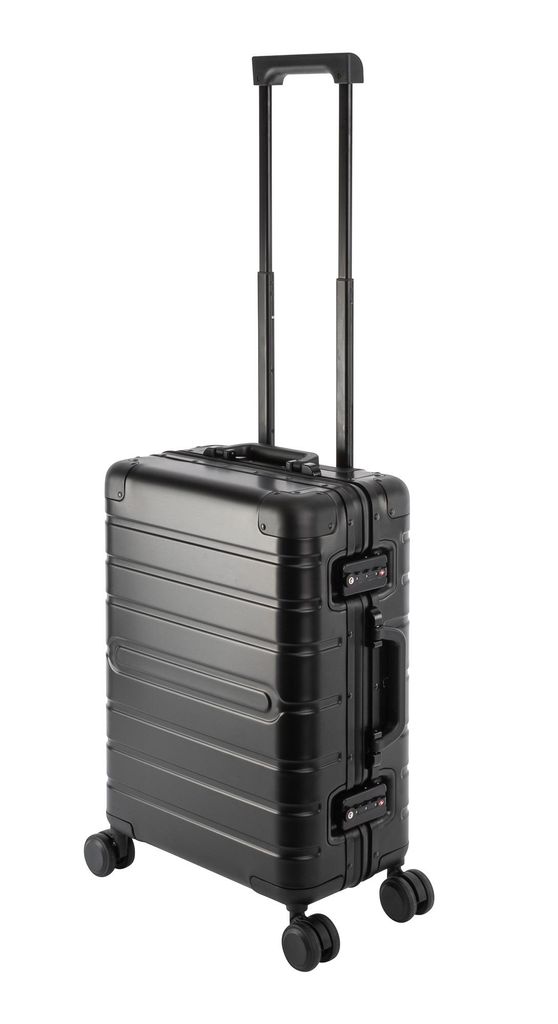 A black aluminum hand luggage suitcase with a telescopic handle and wheels, presented on a white background.