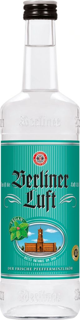 A clear, well-lit studio shot of a bottle of Berliner Luft Pfefferminzlikör against a white background.