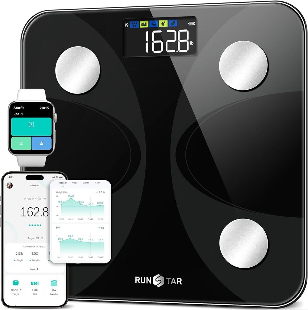 RunSTAR FG 2210 Körperanalysewaage mit APP für Gewicht, Körperfett, BMI, Muskel-/ Knochenmasse, Körperwasser u.v.m. Präzise, bis 180kg /400lb