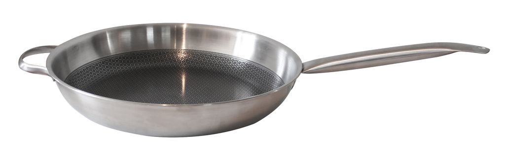 A stainless steel frying pan with a helper handle is shown against a white background.