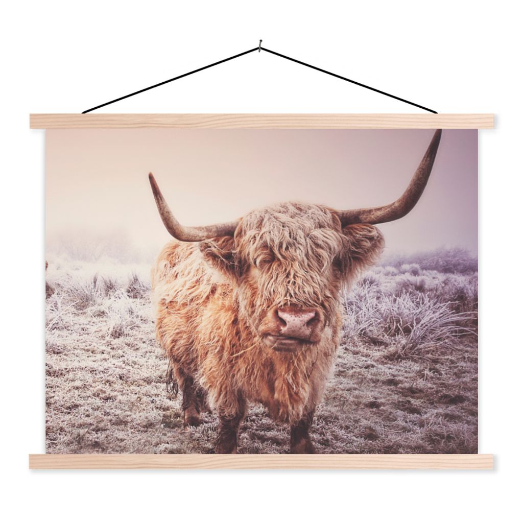 MuchoWow Textilposter Schottische Hochlandbewohner - Licht - Himmel - Natur 40x30 cm mit holzfarbenen Rahmen - Bilder