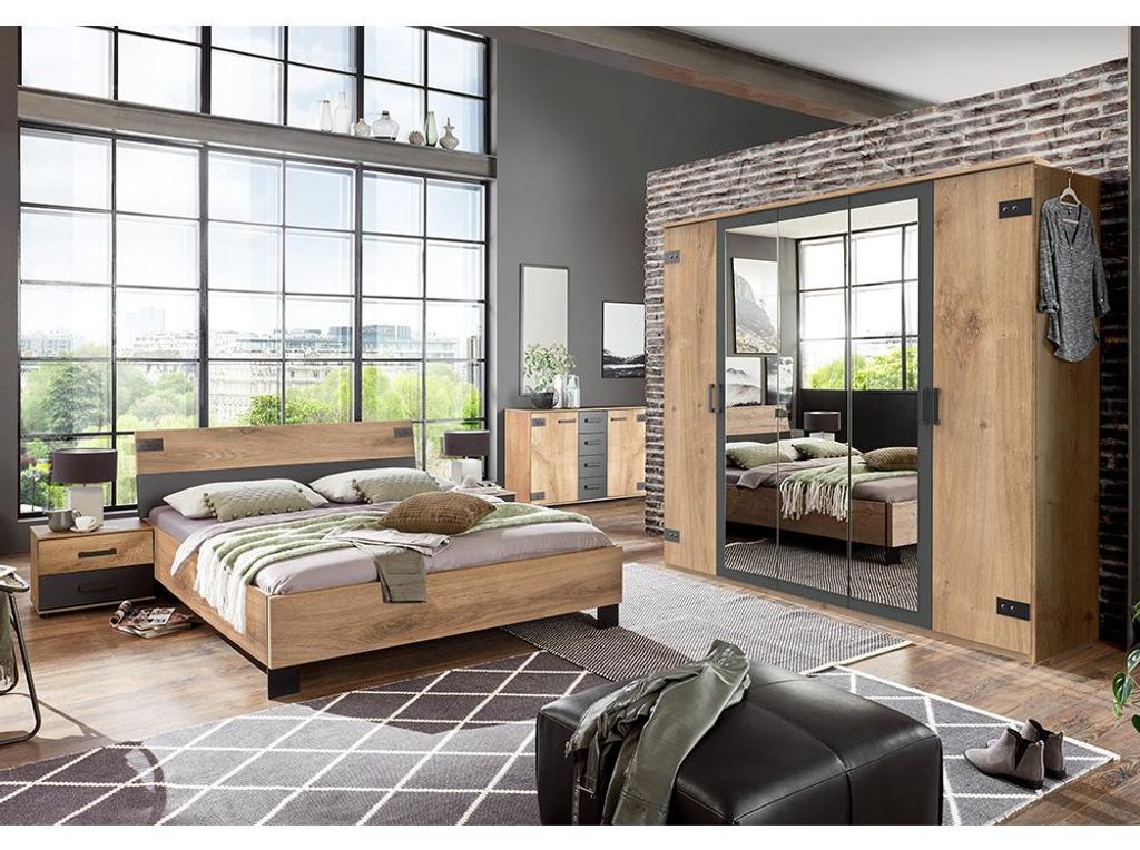 Schlafzimmer-Set mit Bett 180x200 cm & Kleiderschrank in Eiche mit graphit, 6-teilig - MONTELLA-43