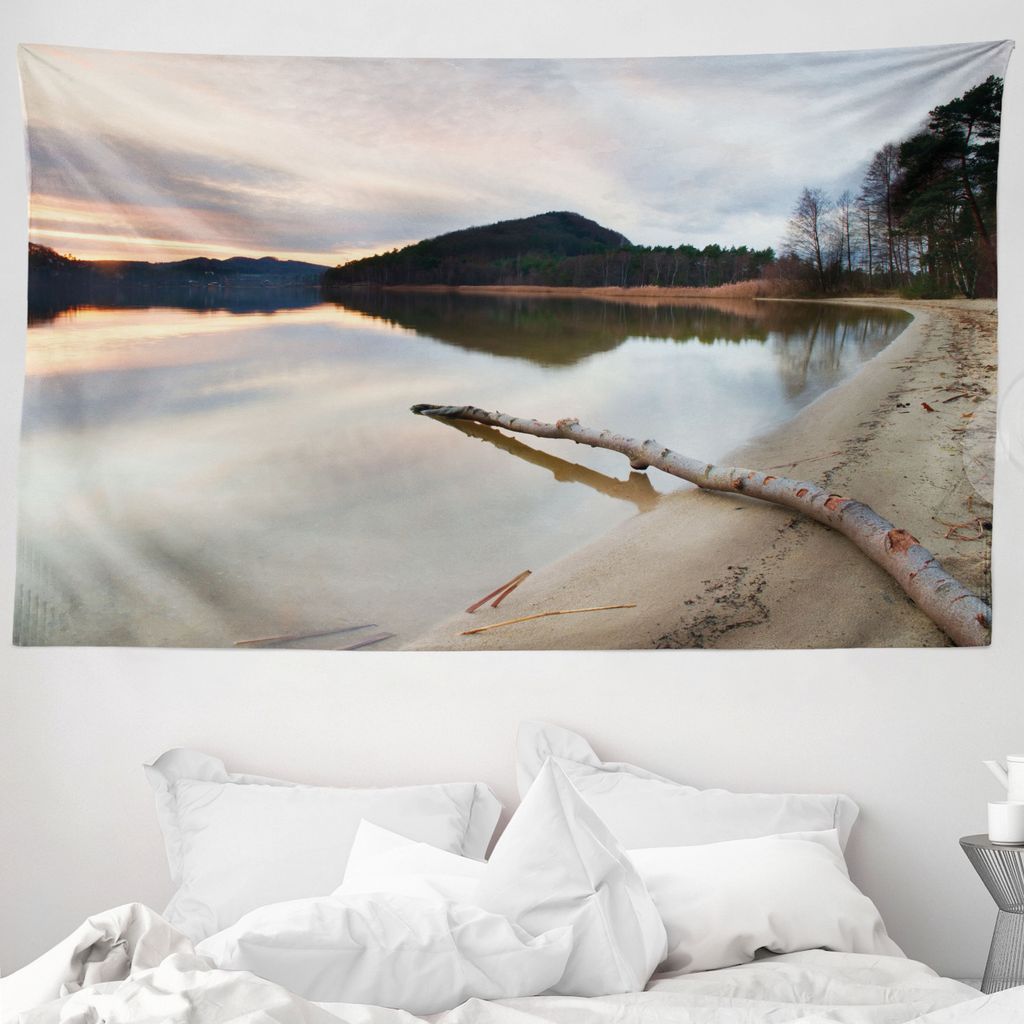ABAKUHAUS Digital Wandteppich, Lake Shore mit Bäumen aus Weiches Mikrofaser Stoff Waschbar ohne Verblassen Digitaldruck, 230 x 140 cm, Sand Brown