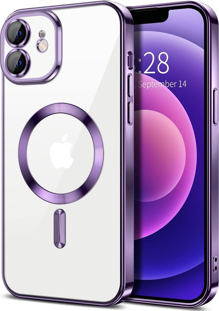 Magnetische Klar Hülle für iPhone 12, Kompatibel mit MagSafe, Elektroplattiert Handyhülle mit Kameraschutz Lila