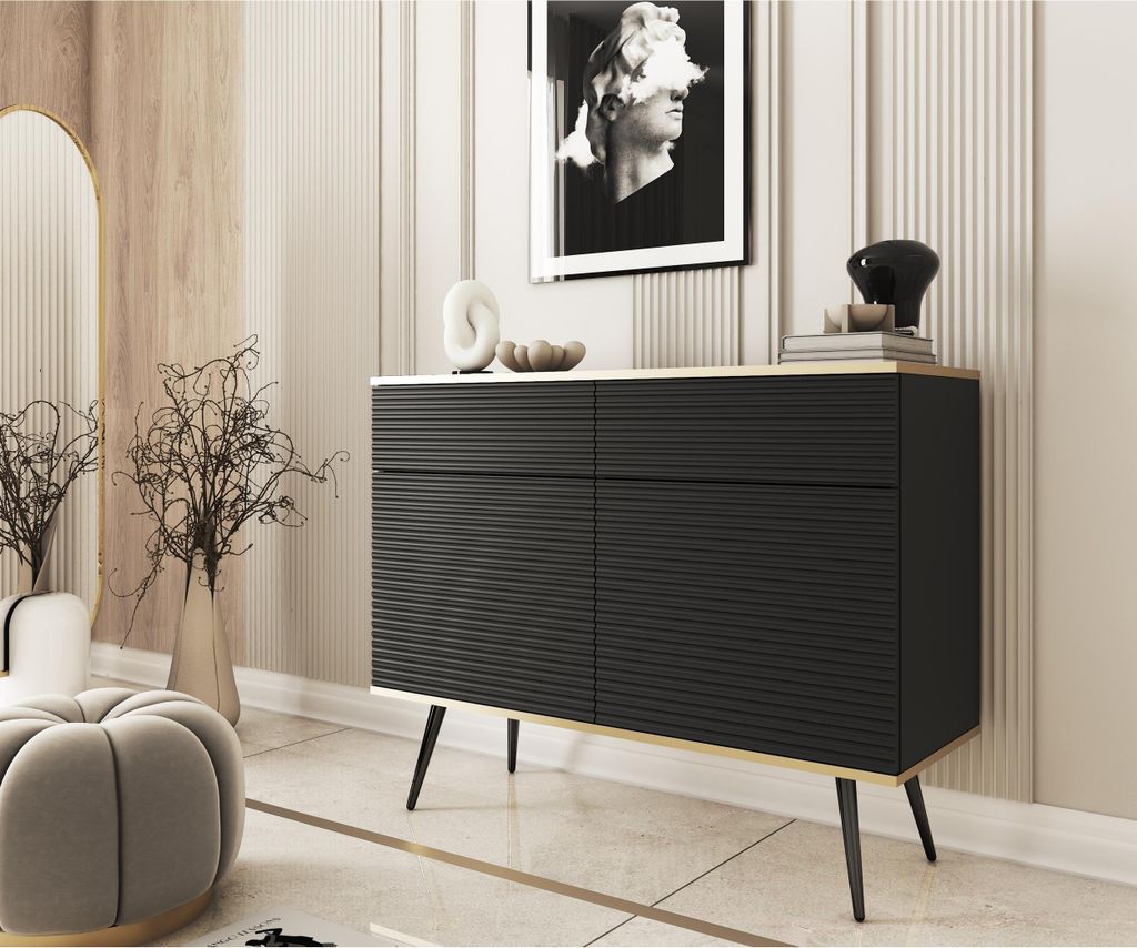2-türig Kommode Gloss im glamour Stil Sideboard mit gerilltem Fronten Schrank mit Regalen und Schubladen modern Sideboard mit Schwarzenen Zusätze...