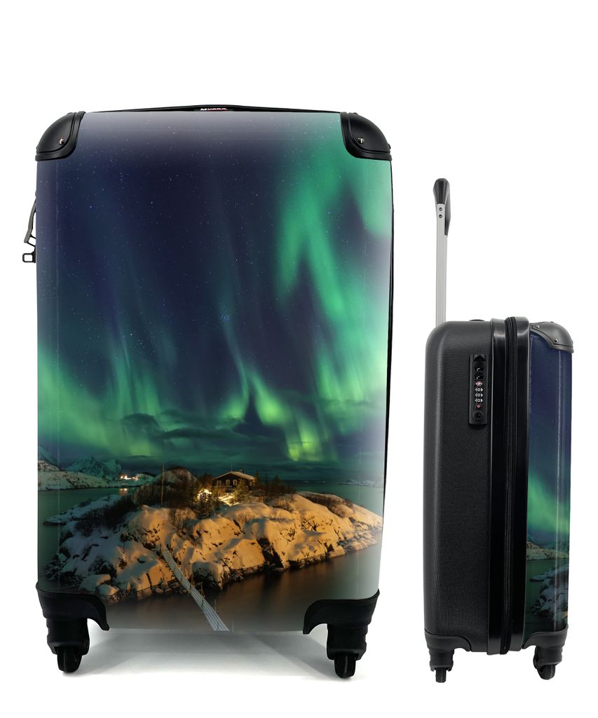 MuchoWow Koffer Handgepäck Trolley Rollkoffer Kleine Reisekoffer mit 4 Rollen - Aurora - Brücke - Schnee - Cabin Size < 55x40x23 cm & 55x40x20 ...