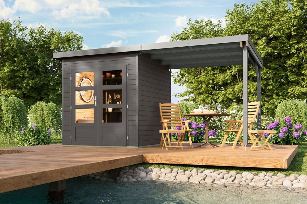 Karibu Gartenhaus Hybridhaus Metall Pluto 1 terragrau Metall graualuminium 428x200x219 cm