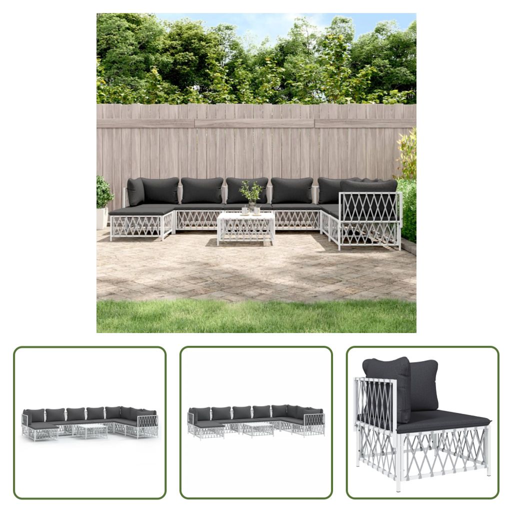 The Living Store 9-tlg. Garten-Lounge-Set mit Kissen Weiß Stahl