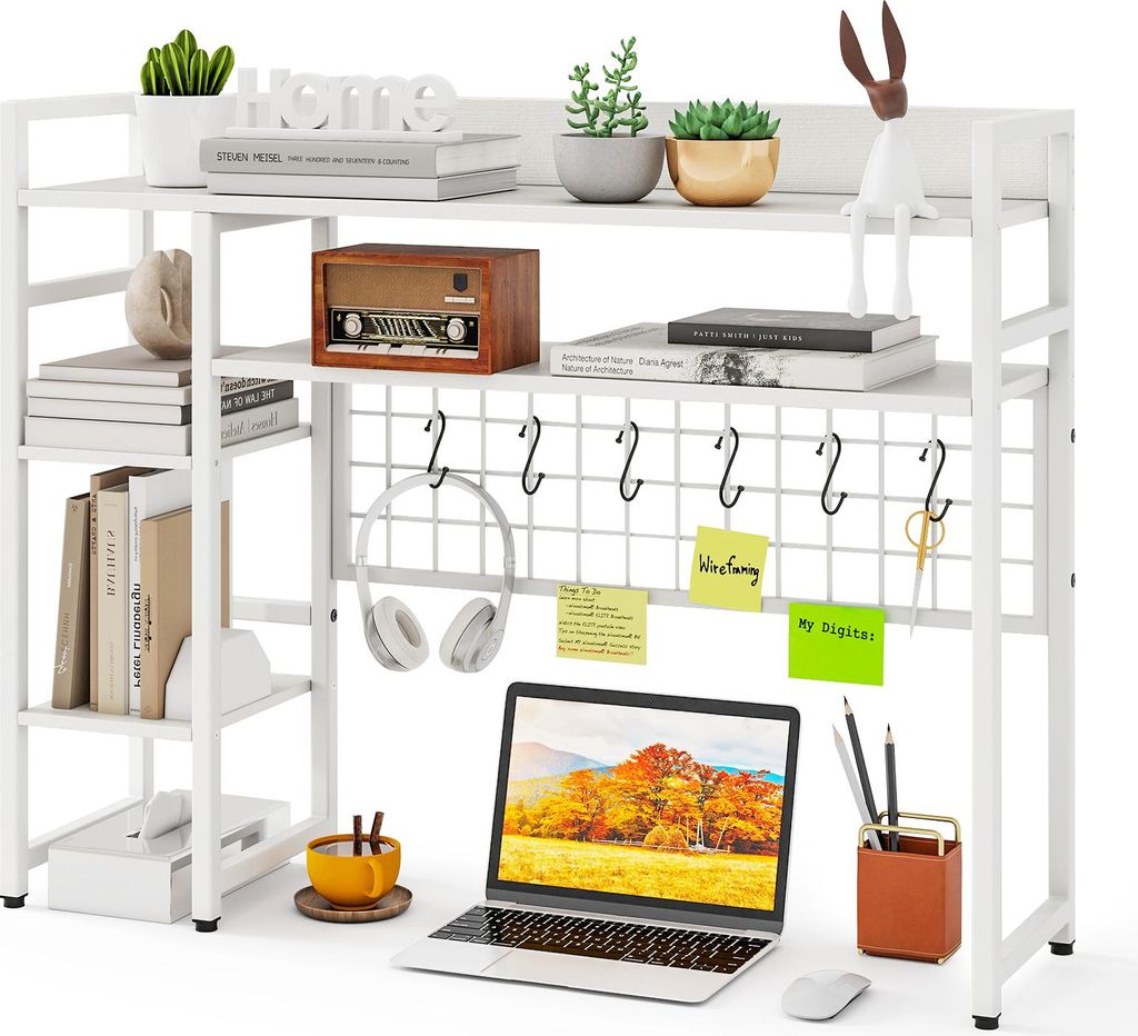 A white desk organizer shelf unit with various items on its shelves.