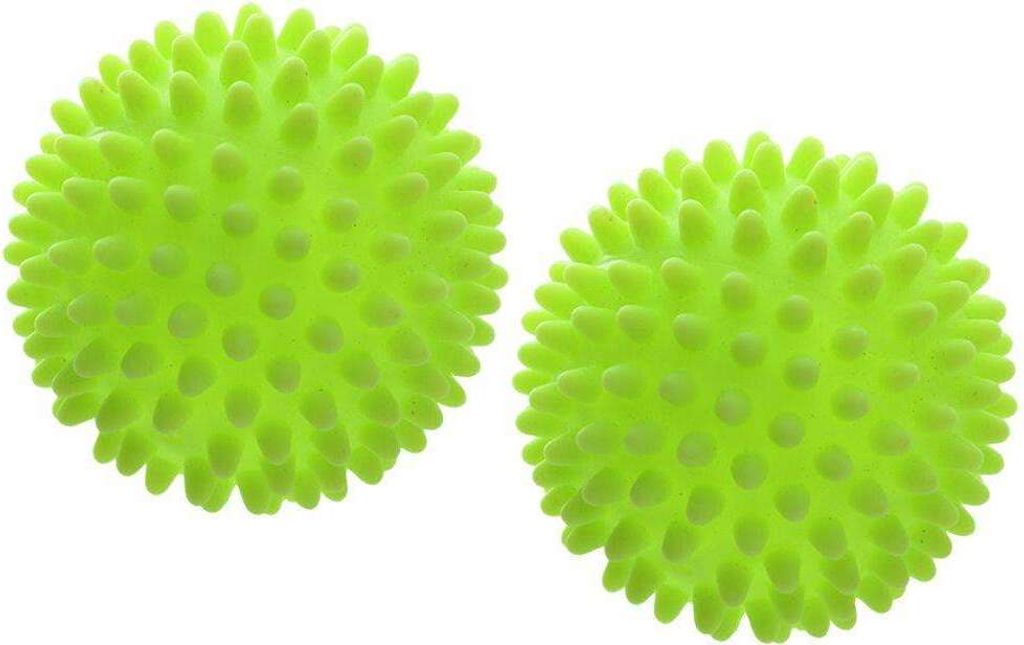 Two green spiky balls on a white background.