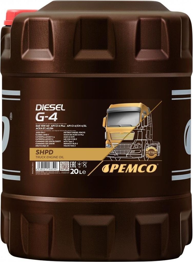 PEMCO Diesel G-4 SHPD für 15W-40 20 Liter Motoröl Motorenöl Mineralisch Global DHD-1 CATERPILLAR ECF-1-A CATERPILLAR ECF-2 CUMMINS CES 20076 CUM...