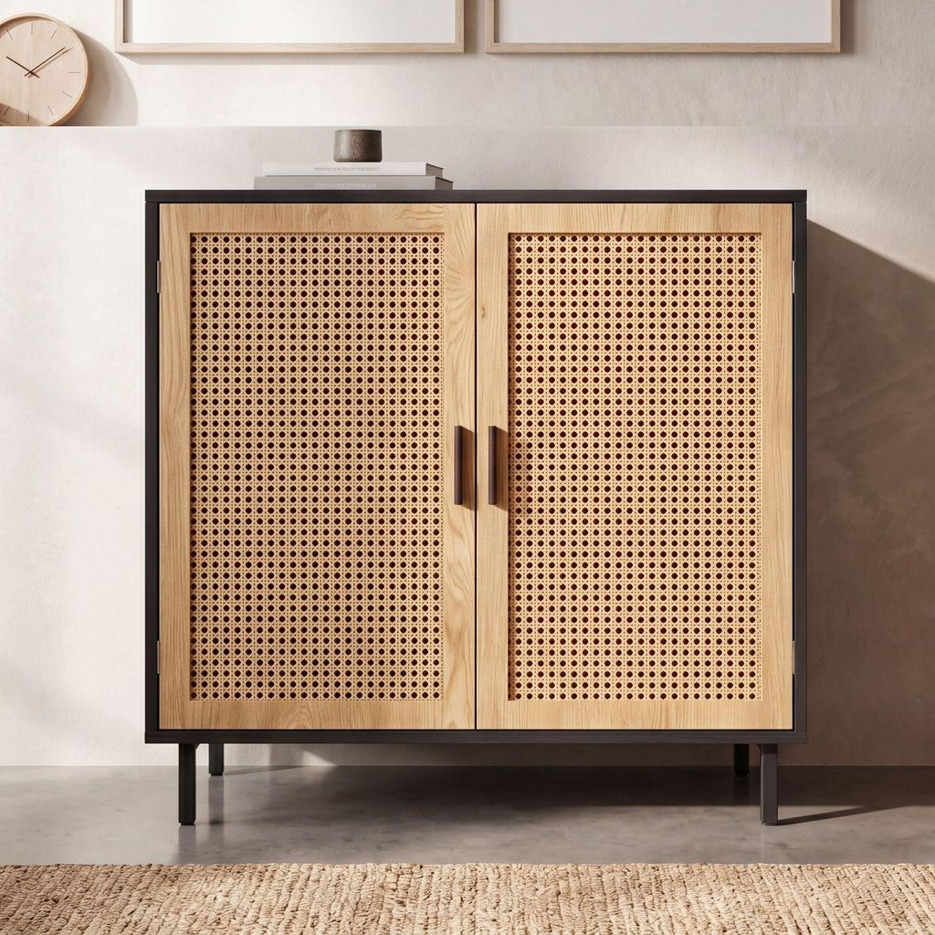 FineBuy Credenza 80x86,5x40 cm Cassettiera nera con vimini Immagine del prodotto 