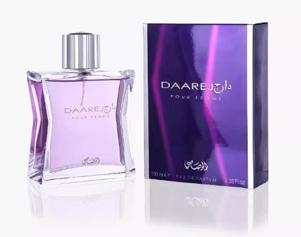 A bottle of Rasasi Daarej eau de Parfum for women and its packaging are displayed against a white background.
