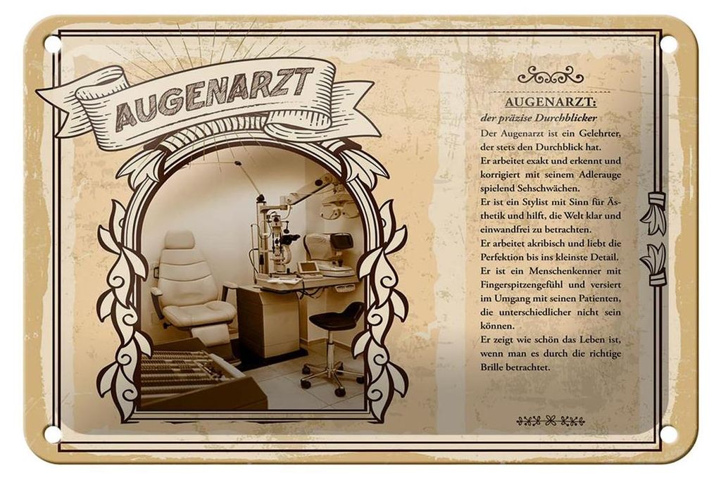 Blechschild Berufe 18x12cm Augenarzt exakte Adlerauge Detail Schild