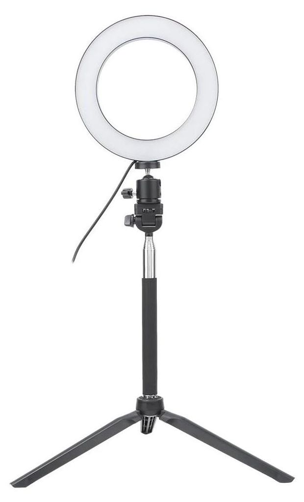 LED Selfie-Licht & Fülllicht - Set mit Tischstativ & Selfie-Stick - Durchmesser 15 cm - Dimmbar 1000–9000K - Netzbetrieb AC - Ohne Akku - Weiß