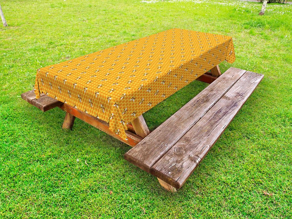 ABAKUHAUS Tierkunst Tischdecke Outdoor, Wiederholendes Muster von Zier Bienen auf Honig Kämme Natural Nutrition, Senf und orange, 145x305cm