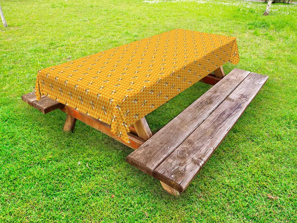 ABAKUHAUS Tovaglia artistica con motivi animali per esterni, motivo ripetuto di api decorative su favi Natural Nutrition, senape e arancione, 145x305 cm