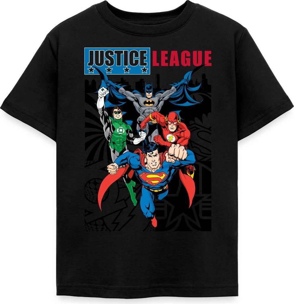 Spreadshirt DC Comics Justice League Comic Cover Kinder T-Shirt, 110/116 (5-6 Jahre), Schwarz