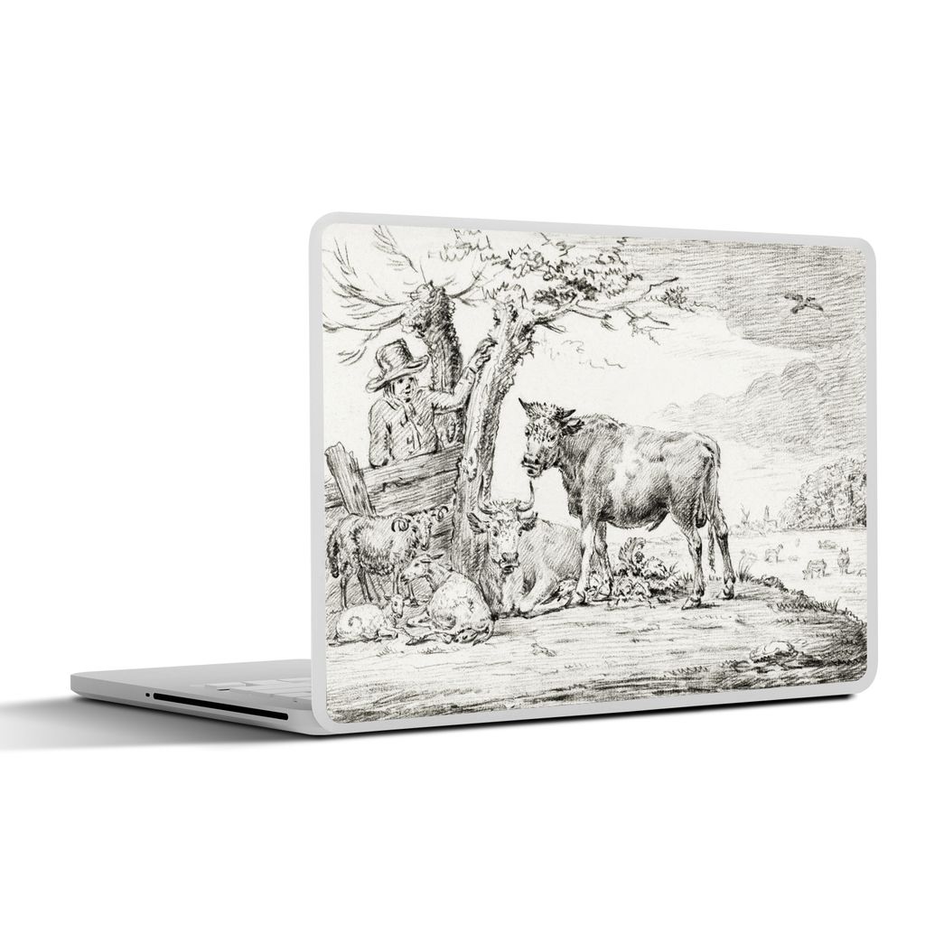 MuchoWow Laptop Aufkleber Sticker Cover Landwirt am Zaun und Kühe - Gemälde von Jean Bernard 25x18 cm - Laptop-Deko