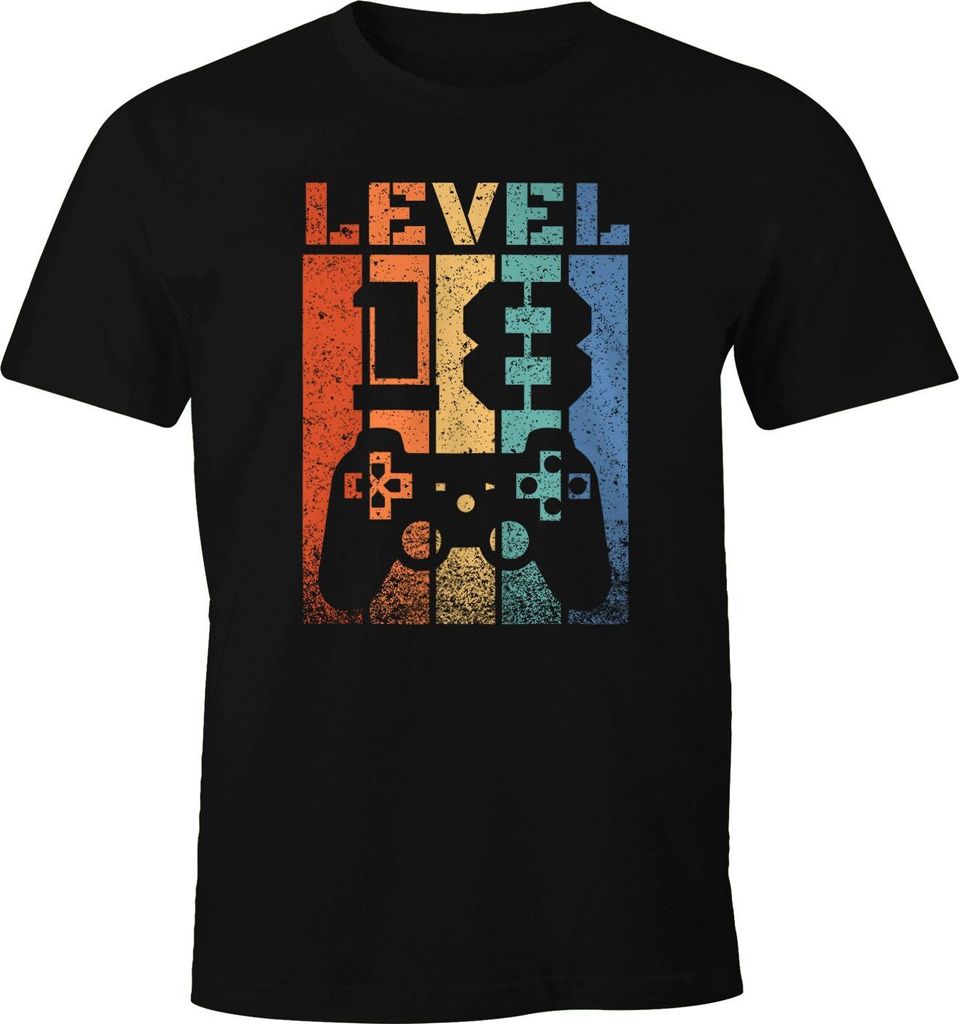 Herren T-Shirt 18 Geburtstag Level Up Pixel Controller Retro Gamer Achtzehn Geschenk Arcade Fun-Shirt Moonworks schwarz 4XL