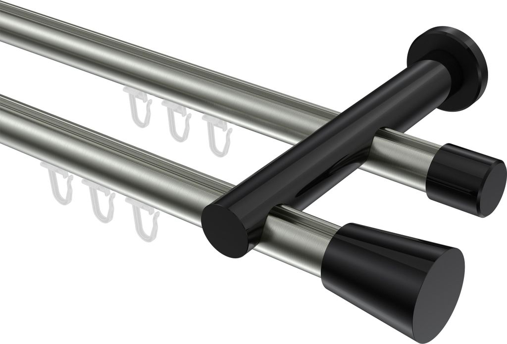 Interdeco Innenlaufstange / Gardinenstange mit Innenlauf Edelstahl-Optik / Schwarz, Typ Platon Sitra (Konus), 20 mm Ø 2-läufig, 400 cm