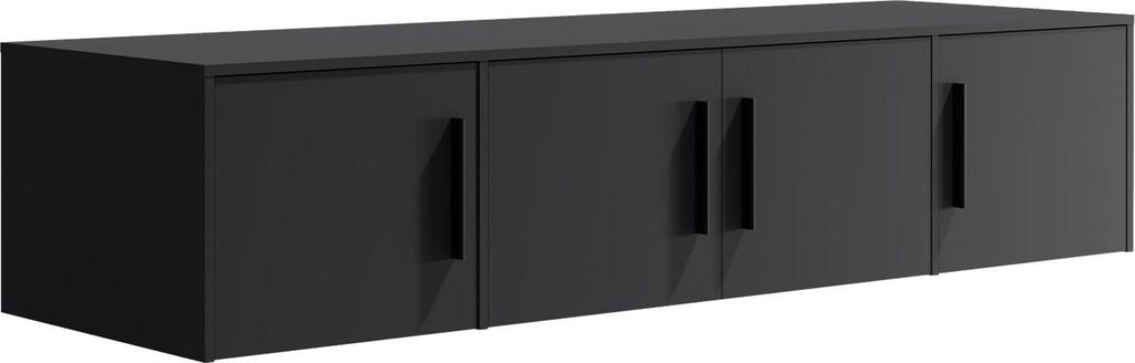 A black wall-mounted cabinet with four doors and black handles.