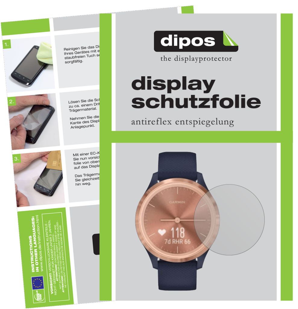 2x Schutzfolie für Garmin Vivomove 3s matt Displayschutzfolie Folie Display Schutz dipos