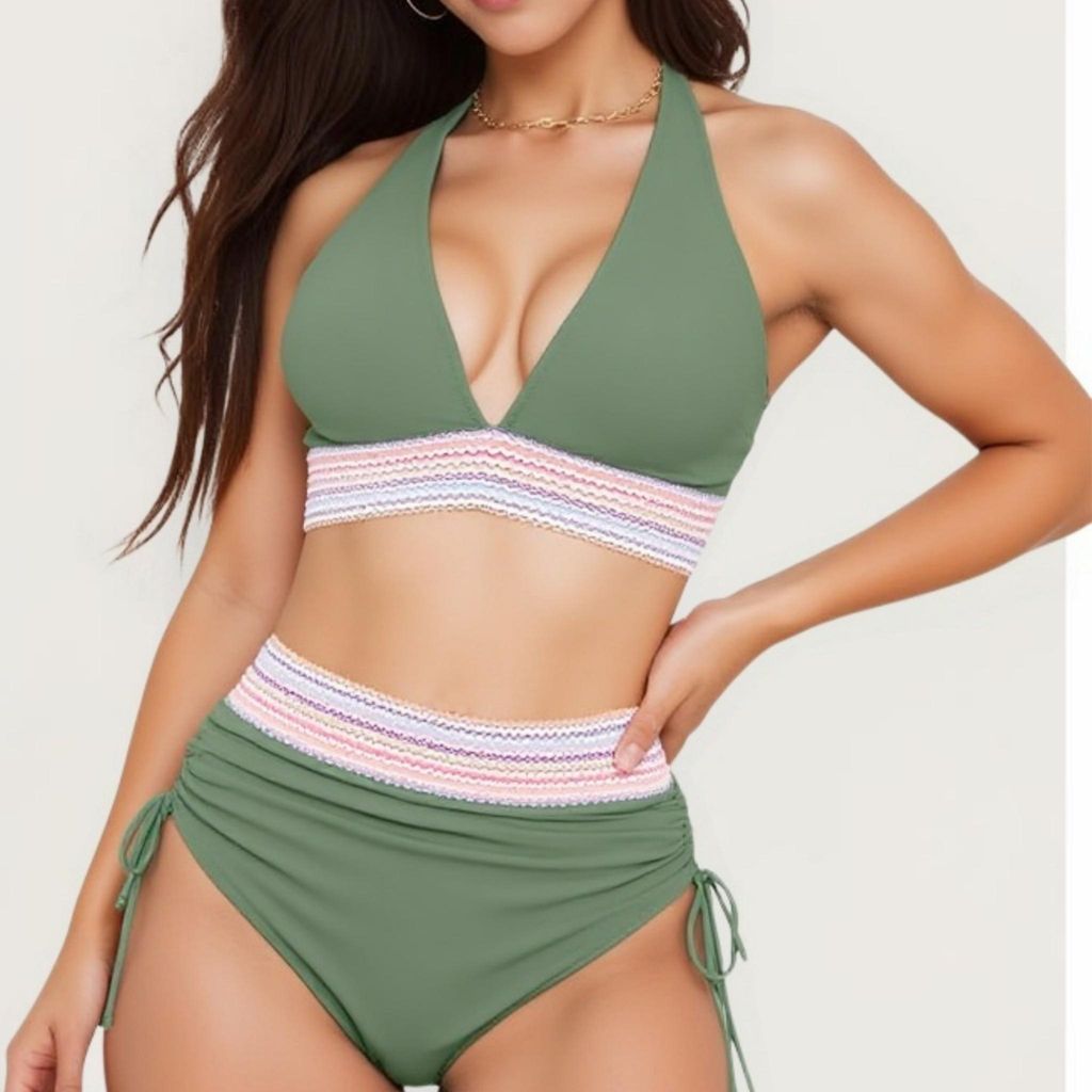 Bikini Set für Damen Highwaist-Bikini-Hose Bauch Kontrolle Badeanzug Armee grün XL