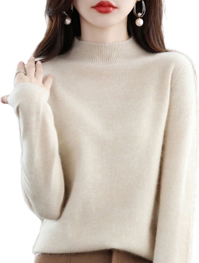 ASKSA Damen Leichter Pullover mit Stehkragen Langarm Strickpullover Pulli Sweatshirt Solid Weich Oberteile, Beige, S