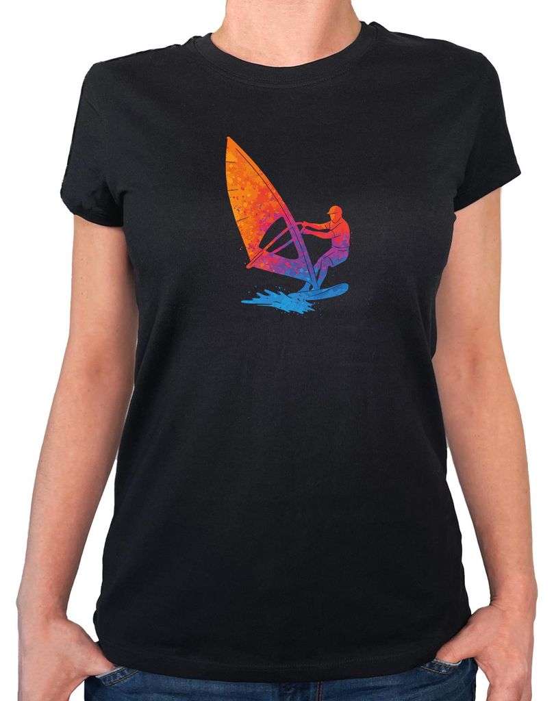 Huuraa Damen T-Shirt Windsurfen bunte Silhouette XL Black Bio Baumwolle Fairtrade Damenshirt Geschenkidee