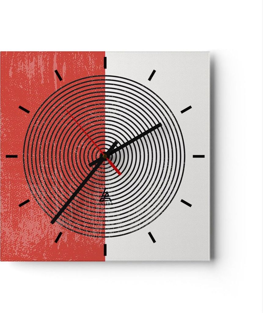 Wanduhr - Quadrat - Glasuhr - Abstraktion Weiß-Rot Kreise - 40x40cm - Schleichendes Uhrwerk - Lautlos - zum Aufhängen bereit - Dekoration Modern ...
